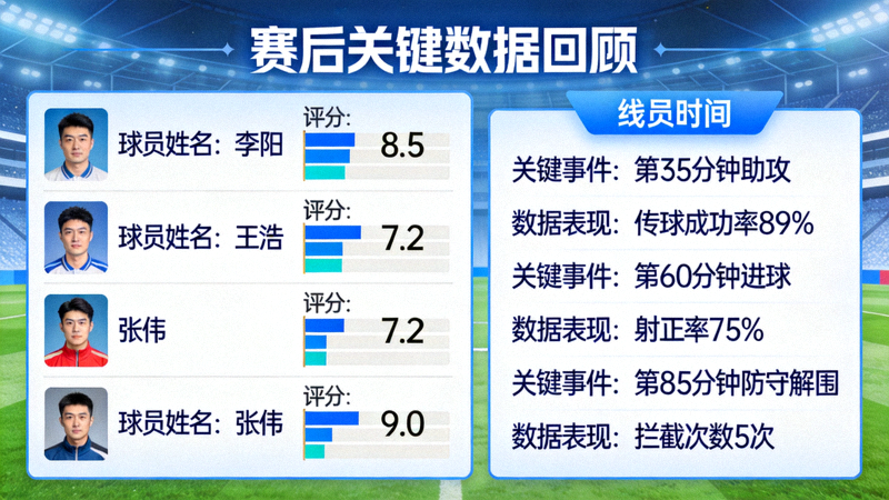 赛后回顾页面，包含球员评分与关键时刻数据总结